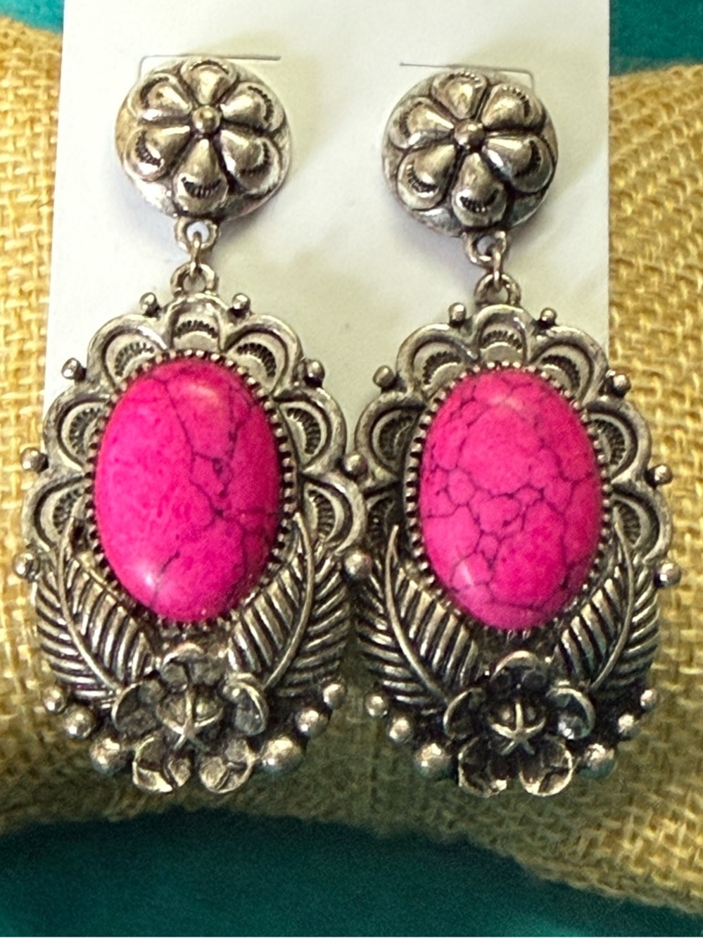 Silver-Tone Floral Drop Earrings with Pink Stone